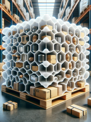 DALL·E 2023-11-28 12.53.58 – Create a highly realistic image of ‘Honeycomb Pads’, illustrating their use in packaging. These pads should be depicted as layered between products, s (1)