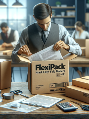 DALL·E 2023-11-28 16.31.57 – Create a highly realistic image showing FlexiPack Kraft Easy-Fold Mailers in actual use within a busy office or shipping environment. Depict a scene w (1)