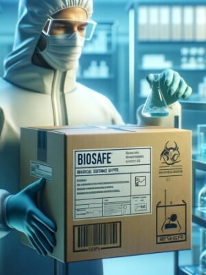 DALL·E 2023-11-29 11.08.18 – Generate a realistic image showing the BioSafe Biological Substance Shipper, made of cardboard, in actual use within a laboratory or medical environme