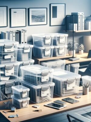 DALL·E 2023-11-30 12.26.12 – Illustrate a realistic image showing ClearKeep Plastic Storage File Boxes in a real-world environment such as an office or home study. The image shoul